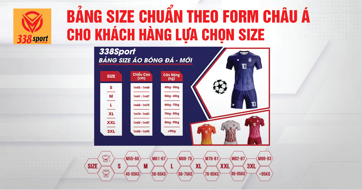 Đầy đủ các size áo bóng đá cho khách hàng thoải mái lựa chọn theo form dáng