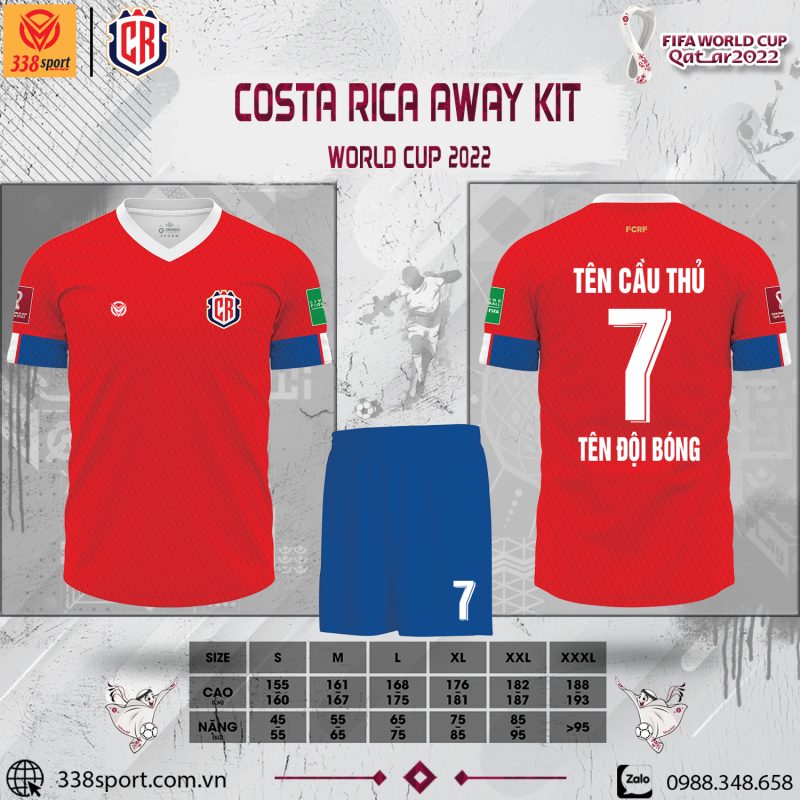 Hình ảnh Áo đấu Costa Rica sân khách World Cup 2022. Đây là một trong những thiết kế nằm trong bộ sưu tập áo bóng đá đội tuyển mới nhất của shop 338sport được ra mắt trước thềm mùa giải World Cup 2022. Nếu bạn yêu thích đội tuyển Costa Rica và là tín đồ đam mê màu đỏ thì sản phẩm này sẽ là sự lựa chọn hoàn hảo nhất dành cho bạn đó. Nhanh tay liên hệ với chúng tôi để sở hữu ngay thôi nào!
