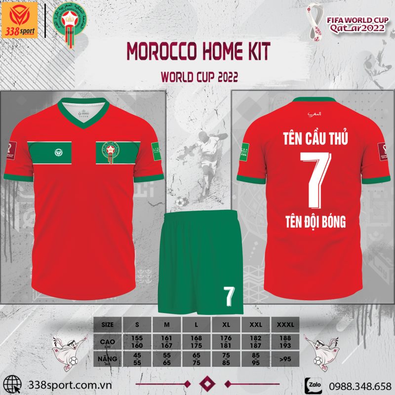 Hình ảnh Áo đội tuyển Morocco sân nhà World Cup 2022. Đây là một trong những thiết kế nằm trong bộ sưu tập áo bóng đá đội tuyển mới nhất của shop 338sport được ra mắt trước thềm mùa giải World Cup 2022. Nếu bạn yêu thích đội tuyển Morocco và là tín đồ đam mê màu đỏ thì sản phẩm này sẽ là sự lựa chọn hoàn hảo nhất dành cho bạn đó. Nhanh tay liên hệ với chúng tôi để sở hữu ngay thôi nào!