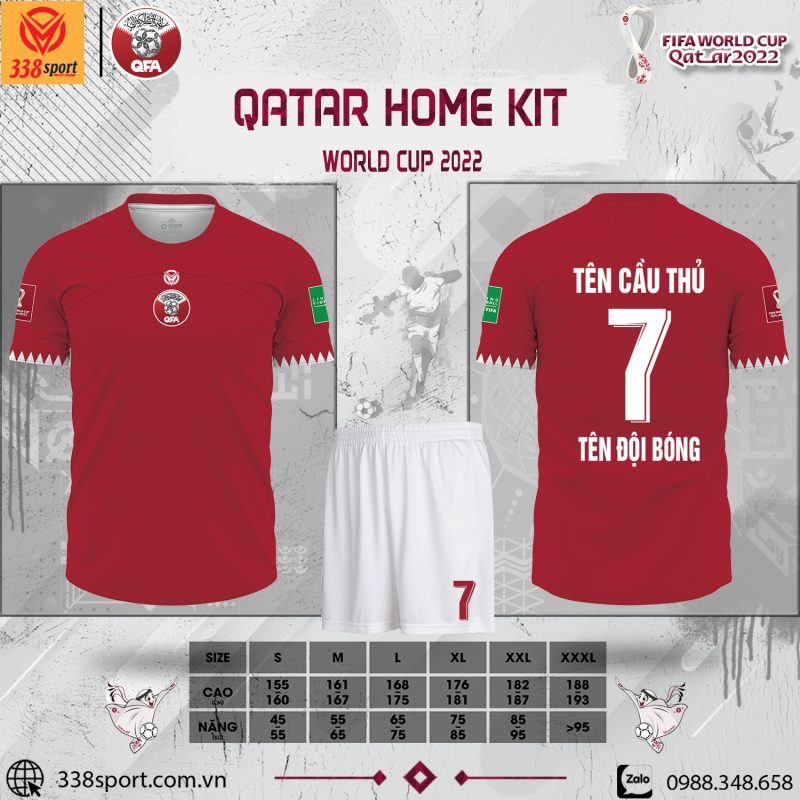 Hình ảnh Áo đội tuyển Qatar sân nhà World Cup 2022. Đây là một trong những thiết kế nằm trong bộ sưu tập áo bóng đá đội tuyển mới nhất của shop 338sport được ra mắt trước thềm mùa giải World Cup 2022. Nếu bạn yêu thích đội tuyển Qatar và là tín đồ đam mê màu đỏ đô thì sản phẩm này sẽ là sự lựa chọn hoàn hảo nhất dành cho bạn đó. Nhanh tay liên hệ với chúng tôi để sở hữu ngay thôi nào!