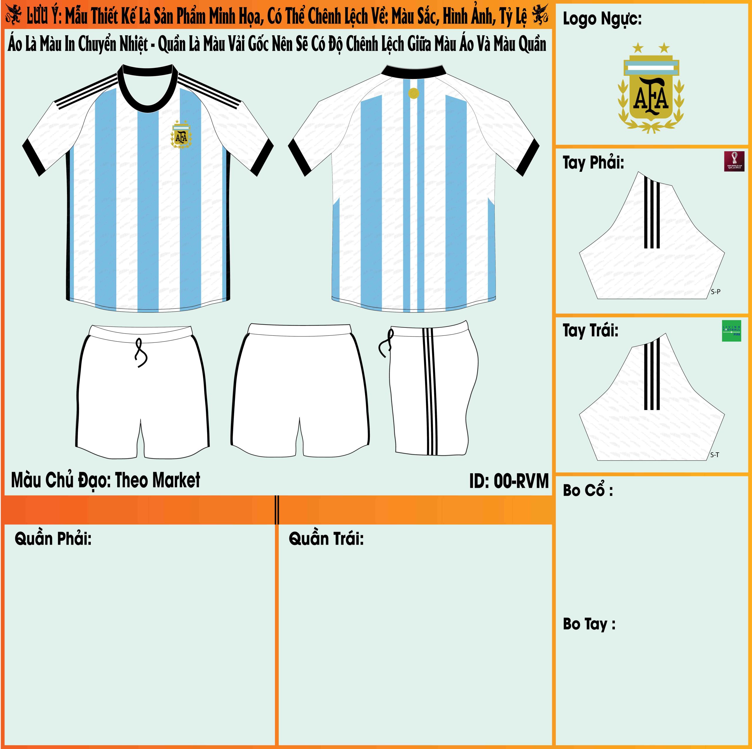 Mẫu market áo đội tuyển Argentina sân nhà World Cup 2022 với sự kết hợp đồng điệu và xen kẽ giữa hai màu xanh - trắng đẹp mắt, mới mẻ. 