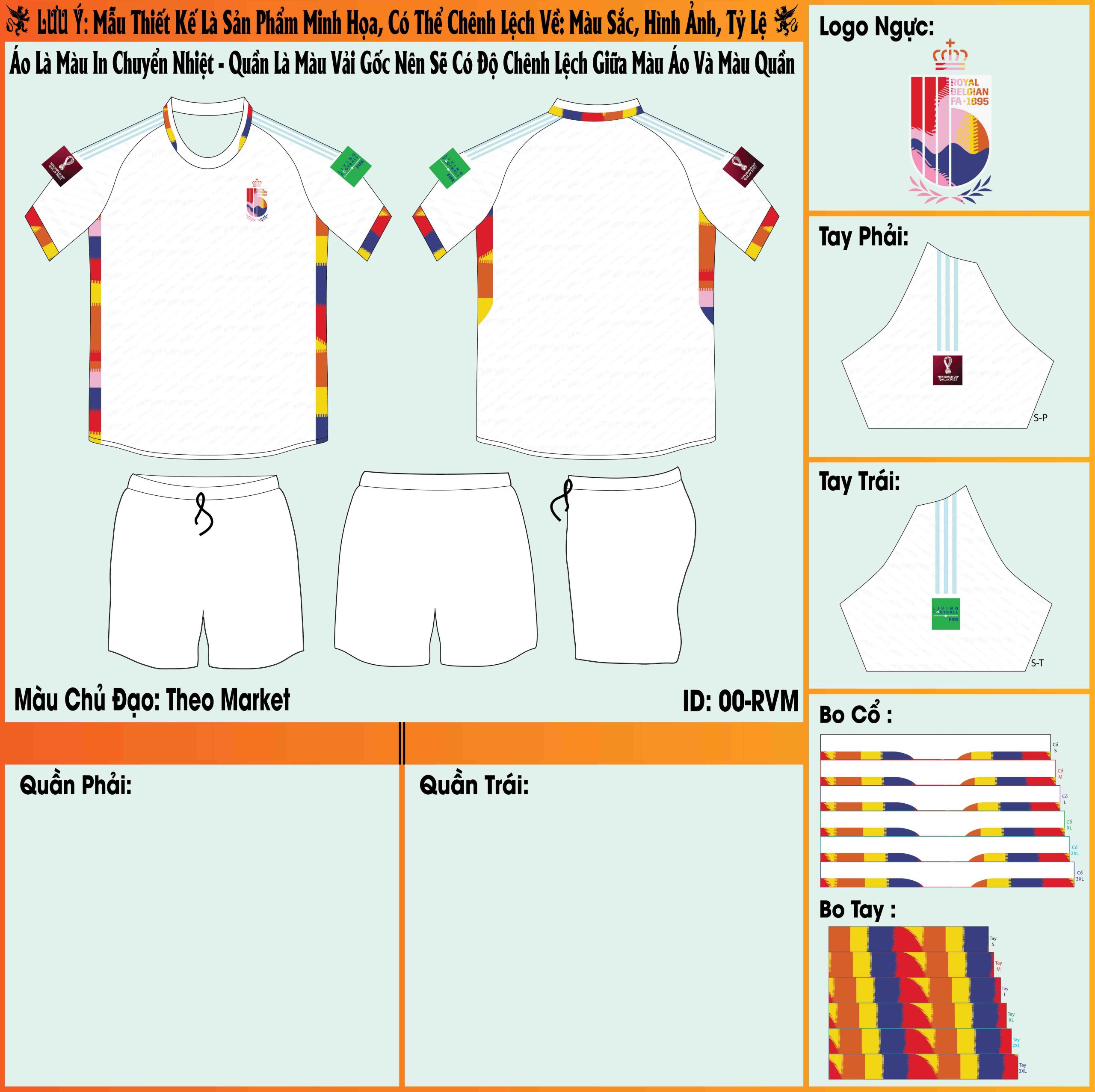 Mẫu market áo đội tuyển Bỉ sân khách World Cup 2022 với màu trắng quen thuộc được tô điểm bằng đường viền đa màu sắc nằm ở hai bên hông áo đấu. 