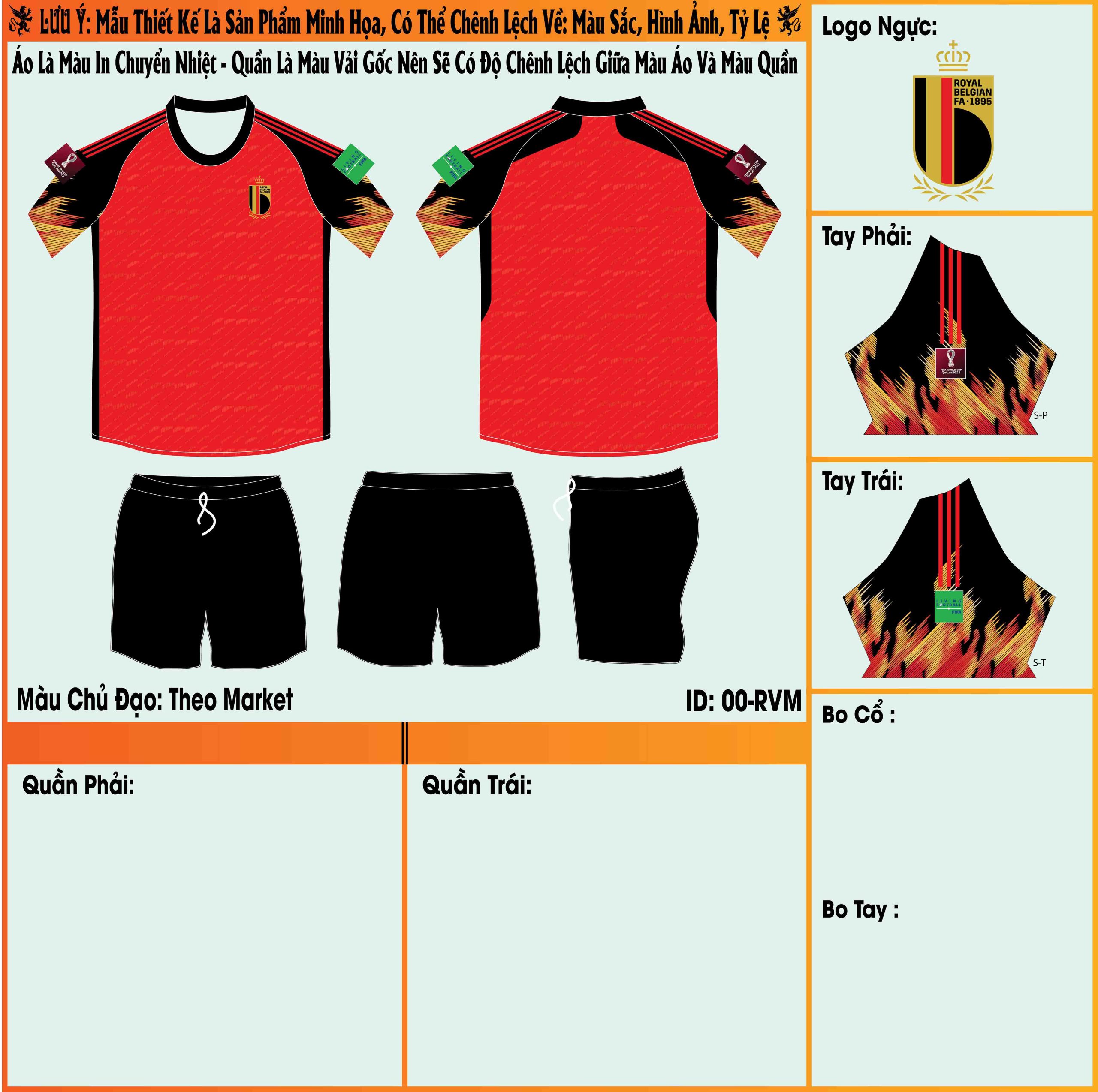 Mẫu market áo đội tuyển Bỉ sân nhà World Cup 2022 màu đỏ trên áo đấu và màu đen ở chiếc quần short. Chúng tạo nên một tổng thể vô cùng ấn tượng và đẹp mắt. 