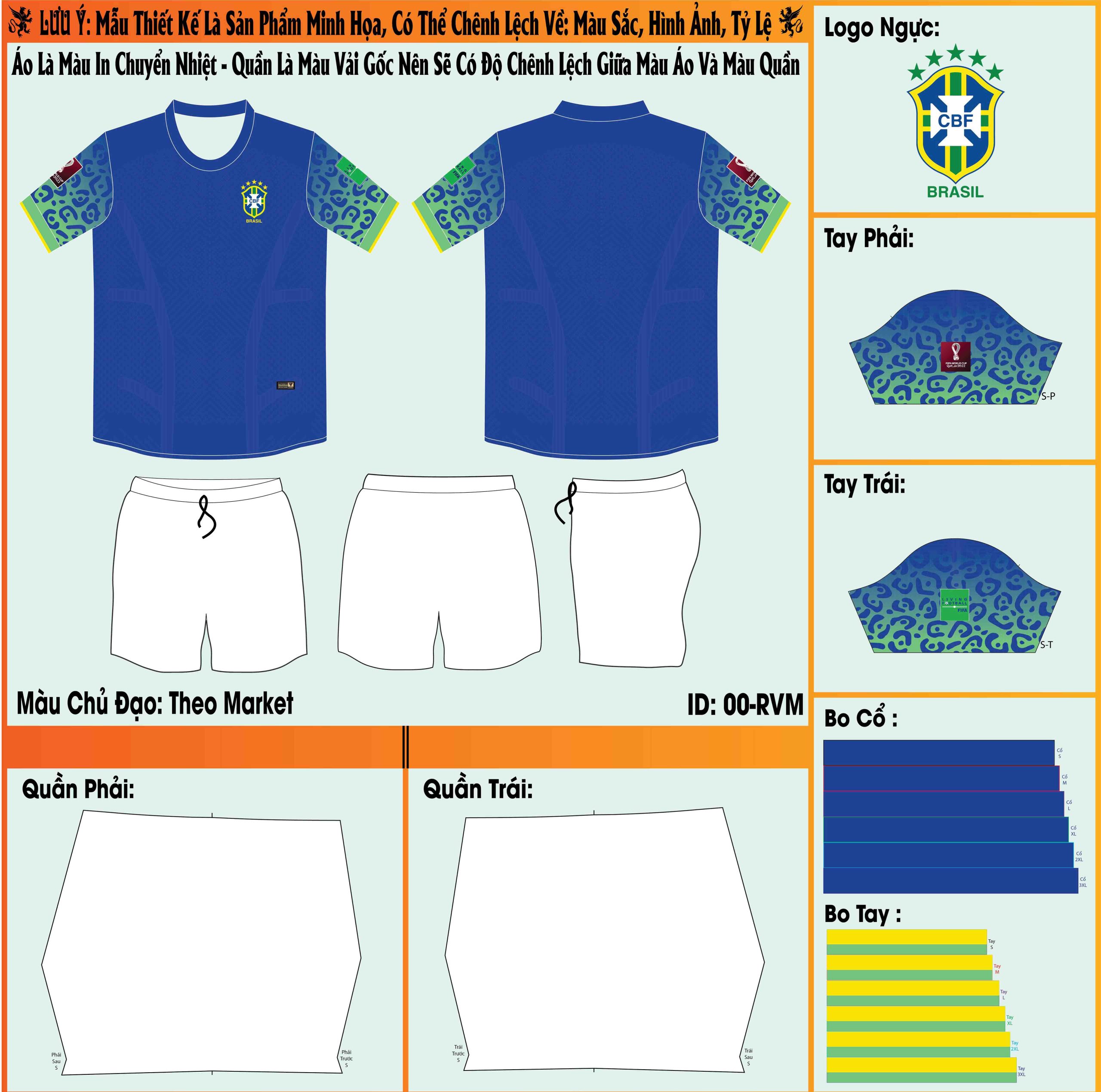 Mẫu market áo đội tuyển Brazil sân khách World Cup 2022 đực biệt hơn với màu xanh bích trên áo được phối cùng hoa văn và họa tiết đẹp mắt ở hai tay áo đấu. Thiết kế vô cùng tinh tế khi sử dụng chiếc quần short trắng đi kèm. 
