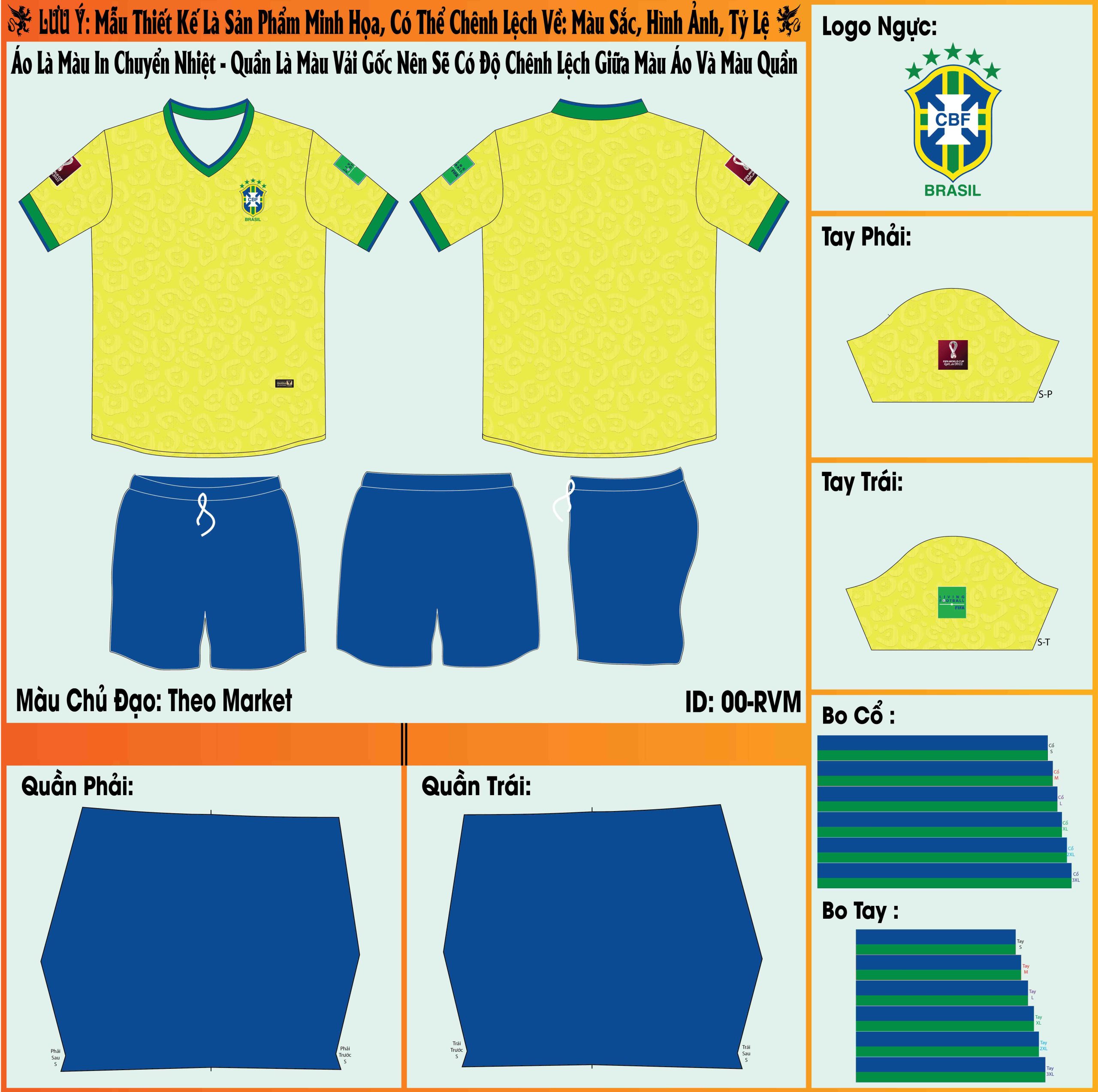 Mẫu market áo đội tuyển Brazil sân nhà World Cup 2022 sở hữu màu vàng vô cùng đẹp mắt. Thiết kế này trở nên độc đáo hơn khi được kết hợp cùng màu xanh bích ở chiếc quần short. 