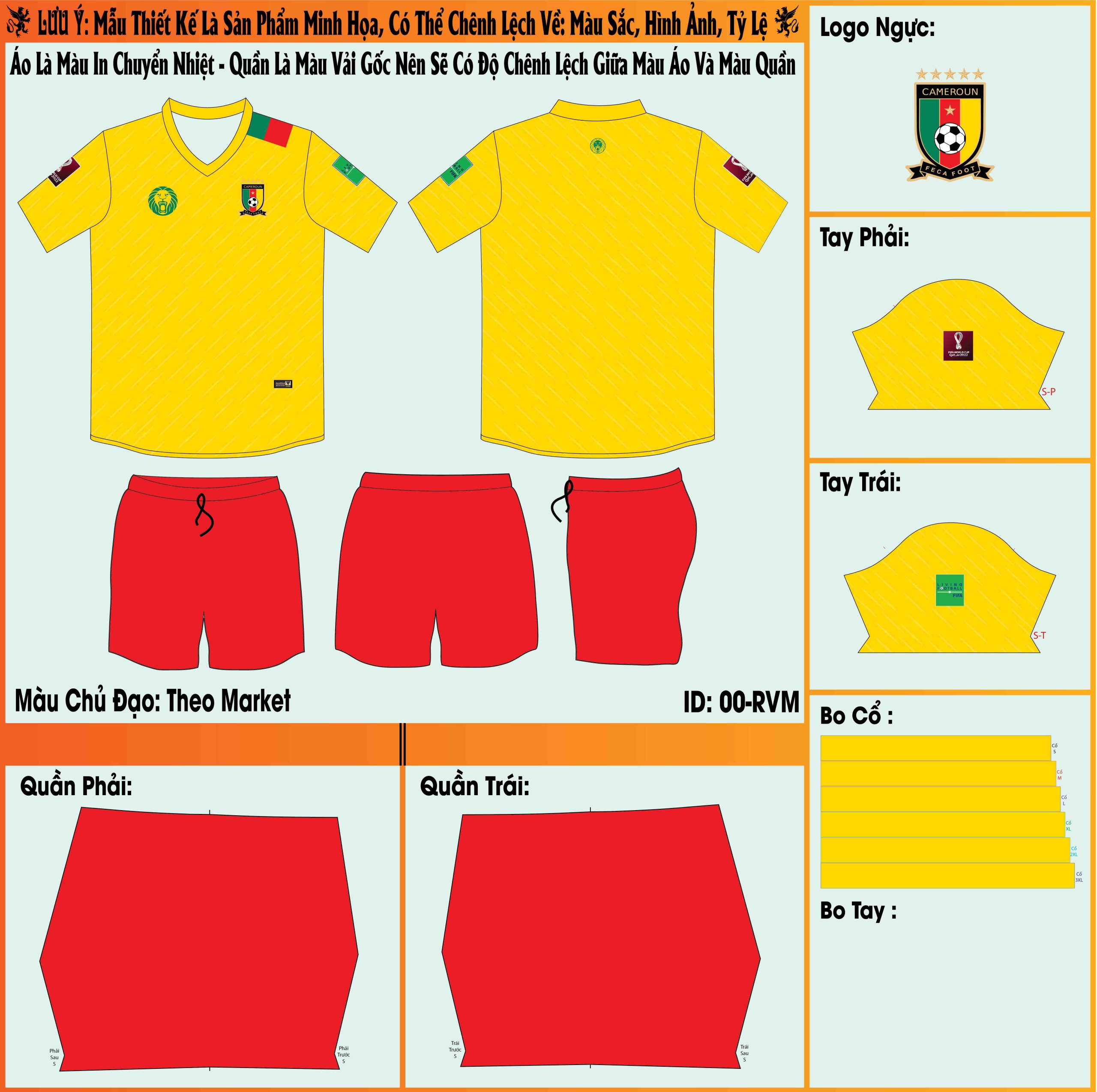 Mẫu market áo đội tuyển Cameroon sân khách World Cup 2022 sở hữu màu vàng rực rỡ cho áo đấu kết hợp cùng chiếc quần short đỏ đẹp mắt. 
