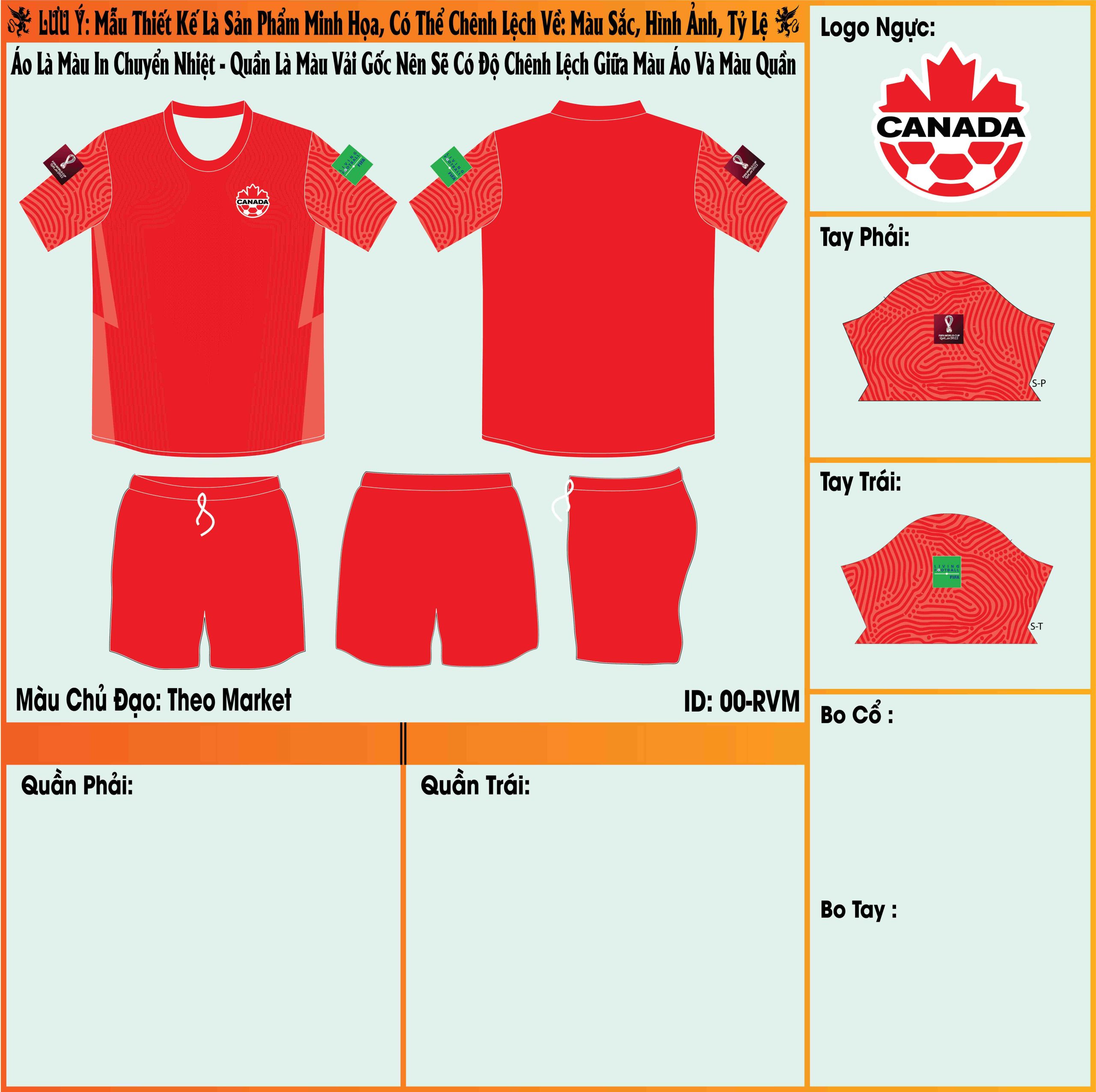 Mẫu market áo đội tuyển Canada sân nhà World Cup 2022 với màu đỏ thu hút và đẹp mắt. Màu sắc này được áp dụng cho tổng thể trang phục và nếu bạn là một tín đồ yêu màu đỏ thì đừng nên bỏ qua thiết kế này nhé. 