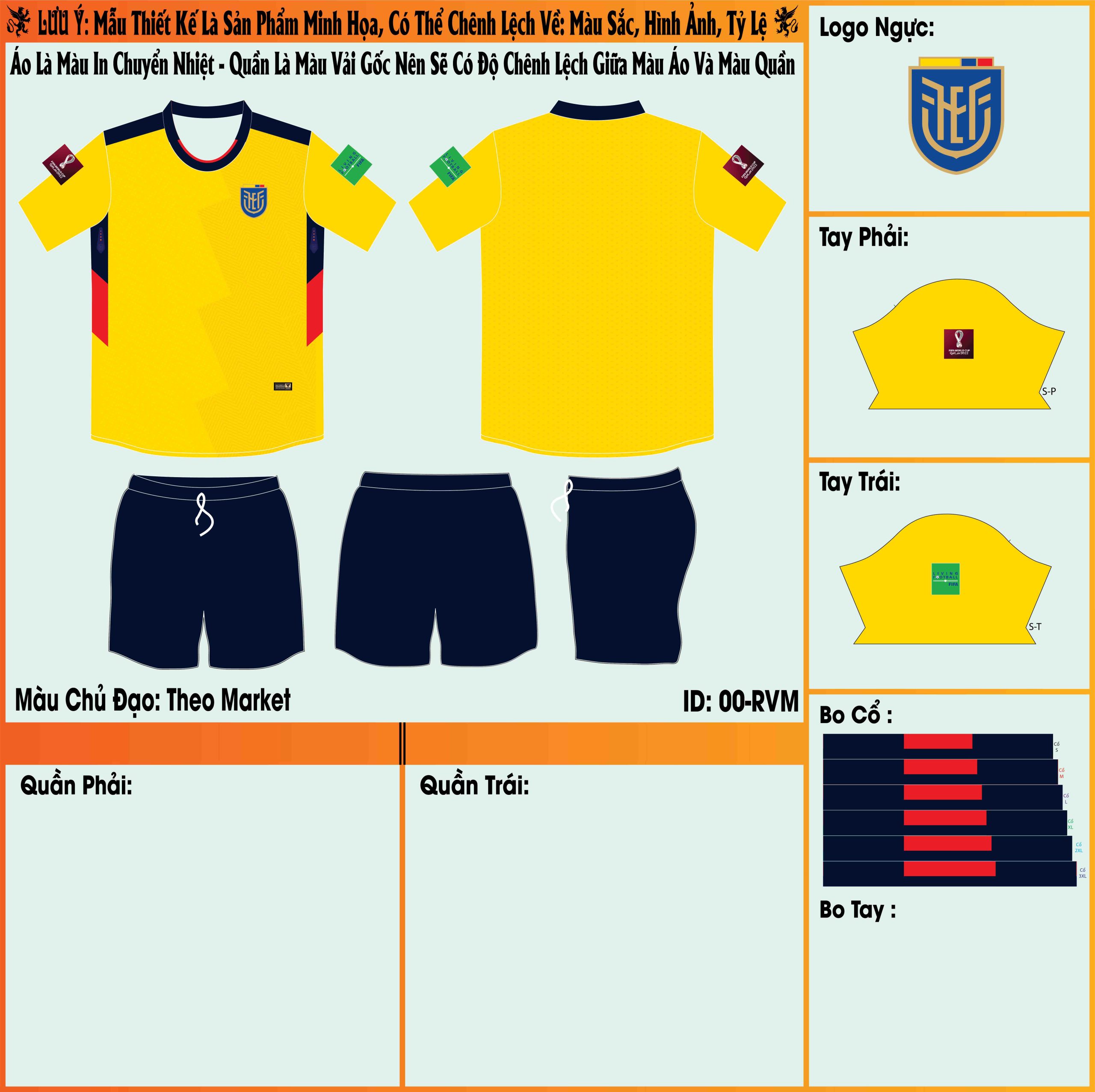 Mẫu market áo đội tuyển Ecuado sân nhà World Cup 2022 gây ấn tượng với màu vàng rực rỡ và quen thuộc. 