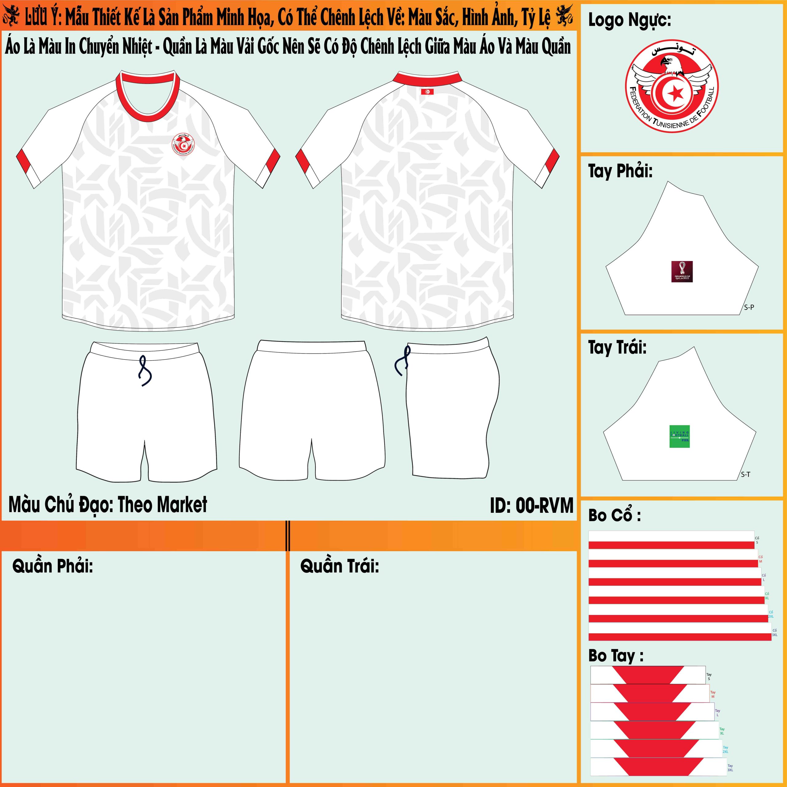 Mẫu market áo đội tuyển Tunisia sân khách World Cup 2022 với phiên bản trắng sáng được phối cùng họa tiết độc đáo, xuất hiện với các hình thù khác nhau trên áo. Đây quả thực là một thiết kế đặc biệt. 