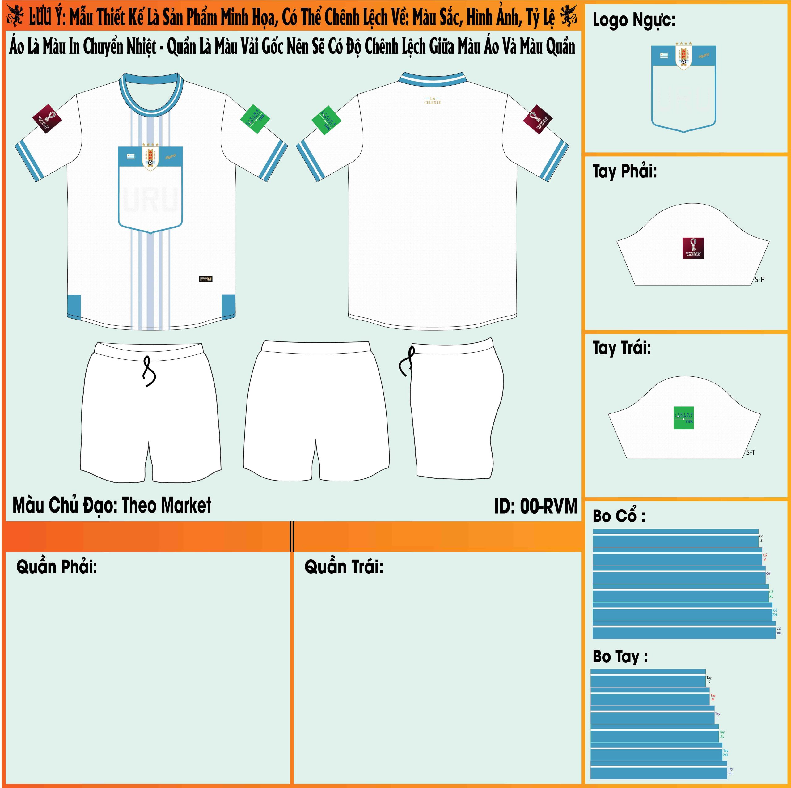 Mẫu market áo đội tuyển Uruguay sân khách World Cup 2022 sở hữu màu xanh ya đẹp mắt ở áo đấu. Và màu trắng sáng nằm ở chiếc quần short đi kèm. 
