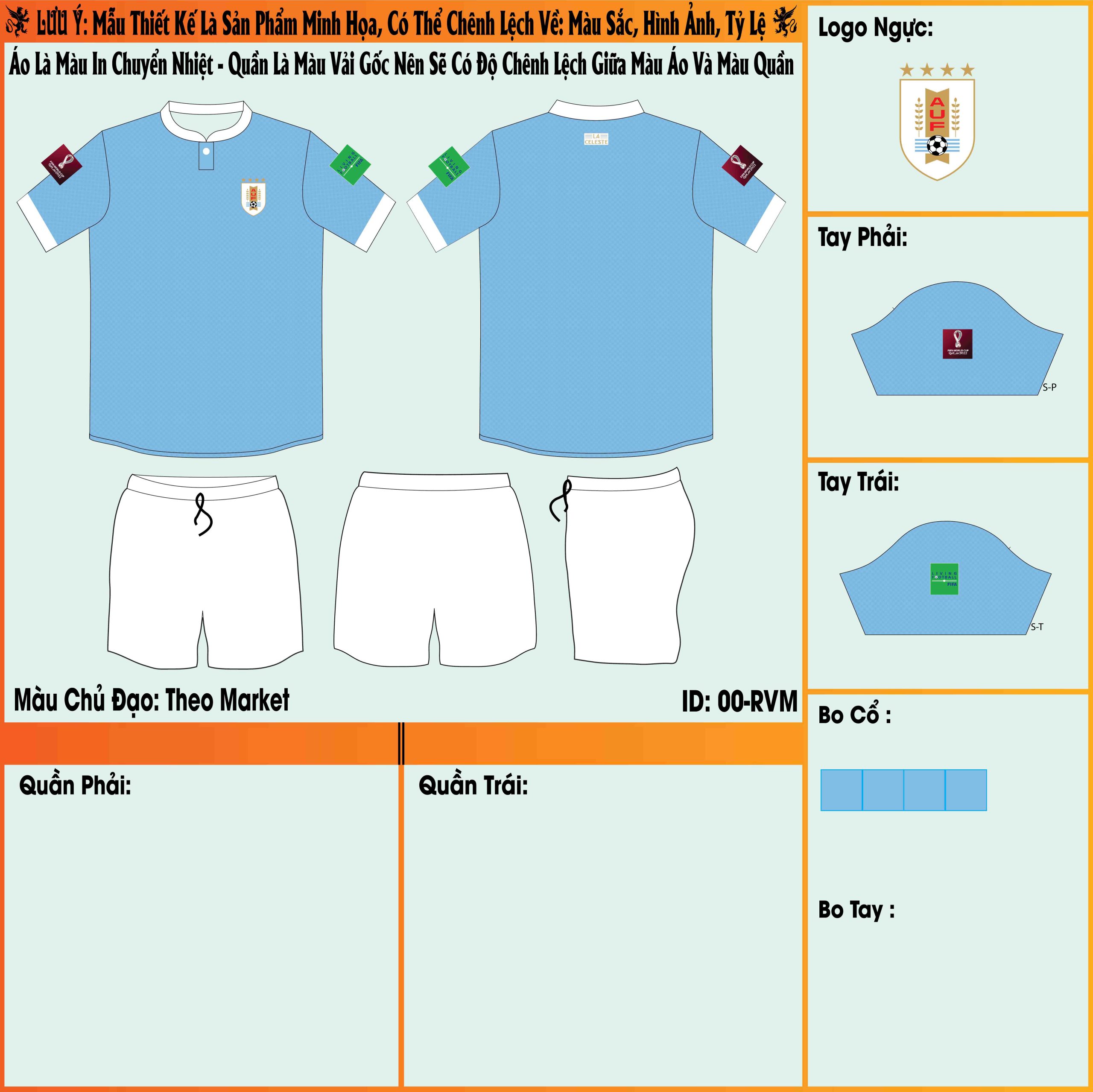 Mẫu market áo đội tuyển Uruguay sân nhà World Cup 2022 sở hữu màu xanh ya đẹp mắt ở áo đấu. Và màu trắng sáng nằm ở chiếc quần short đi kèm. Áo không sử dụng họa tiết ổn bật trên thiết kế. 