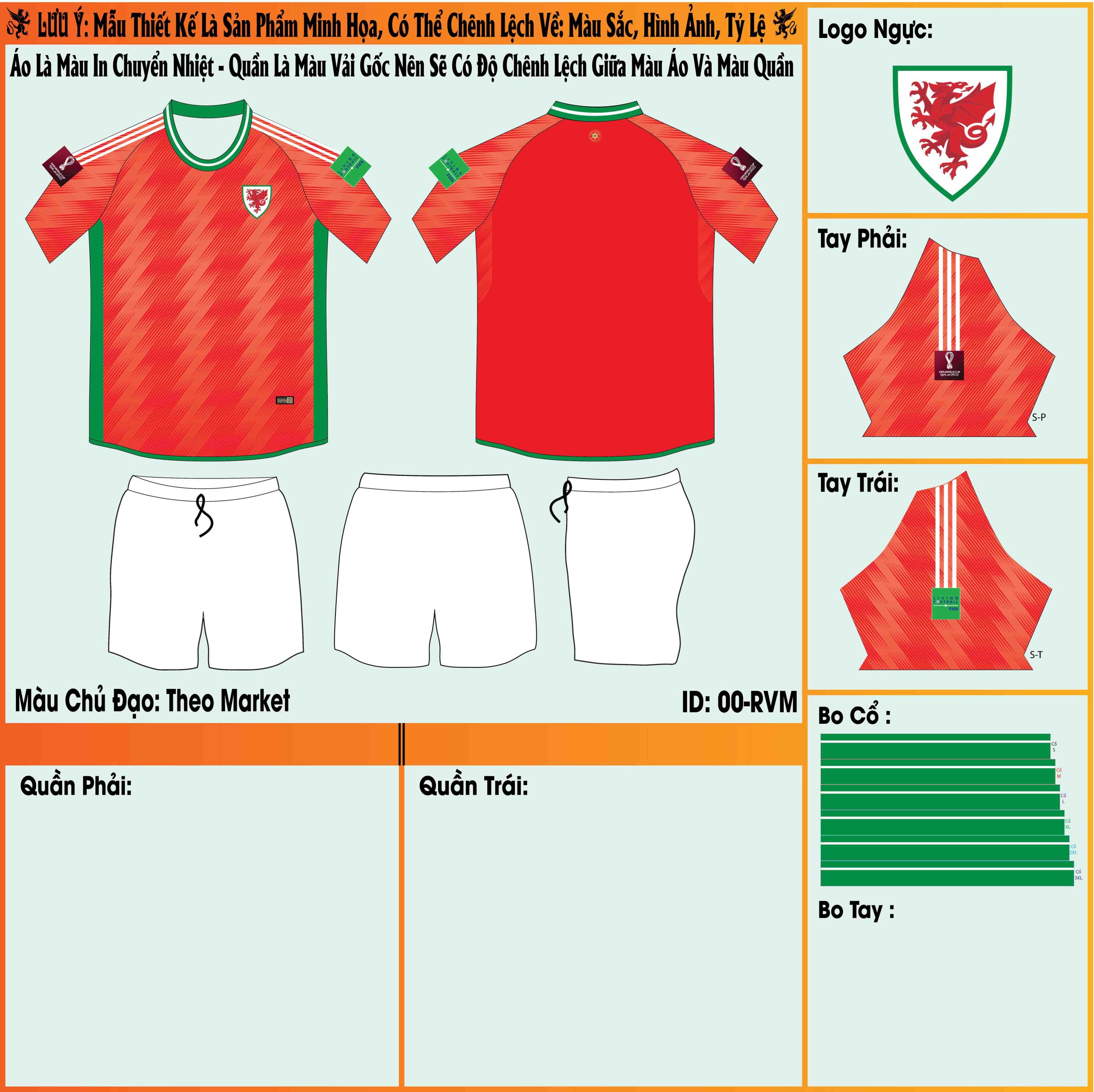 Mẫu market áo đội tuyển Wales sân nhà World Cup 2022 chính thức ra mắt với người hâm mộ bởi phiên bản màu đỏ rực rỡ kết hợp cùng màu cam của họa tiết trên áo để tạo nên một thiết kế hoàn chỉnh, thu hút. 