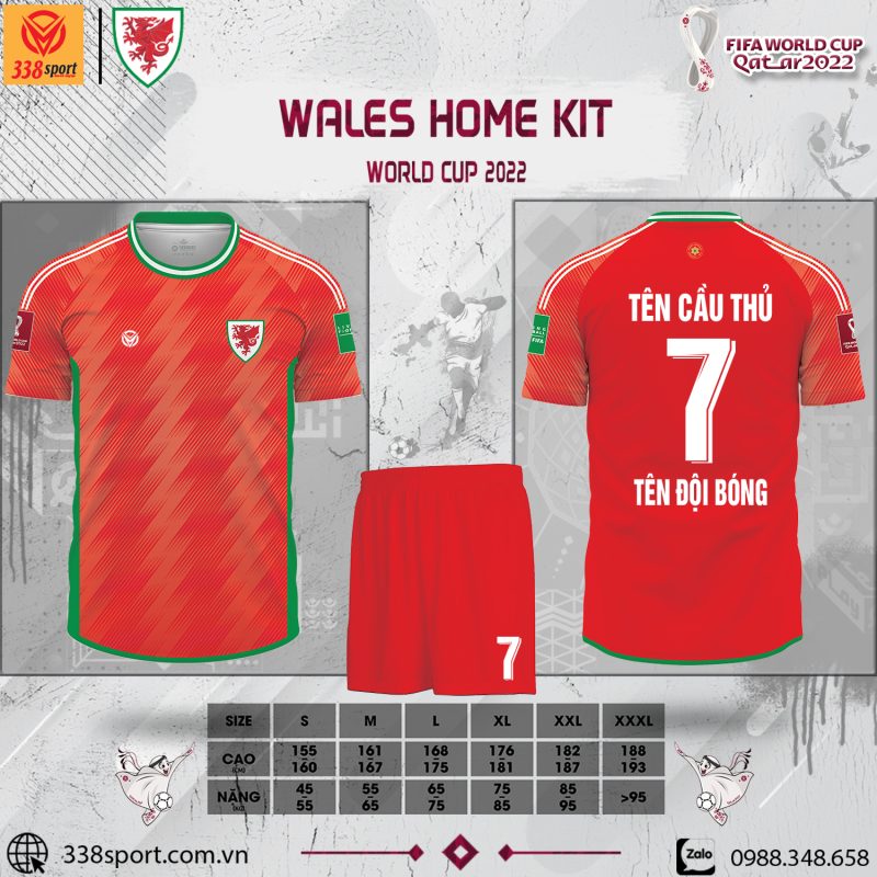 Thương hiệu 338 Sport giới thiệu bộ mẫu áo đội tuyển Wales sân nhà World Cup 2022 đẹp xuất sắc. Nếu yêu thích bộ trang phục này, bạn hãy đặt mua ngay hôm nay để được hưởng nhiều ưu đãi nhé.